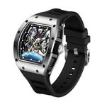 MEGIR 9190-14 space skeleton automatic watch, silver case, astronaut dial and black strap, angled view