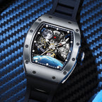 MEGIR 9190-14 space skeleton automatic watch, silver case and moon-and-astronaut dial, beauty shot