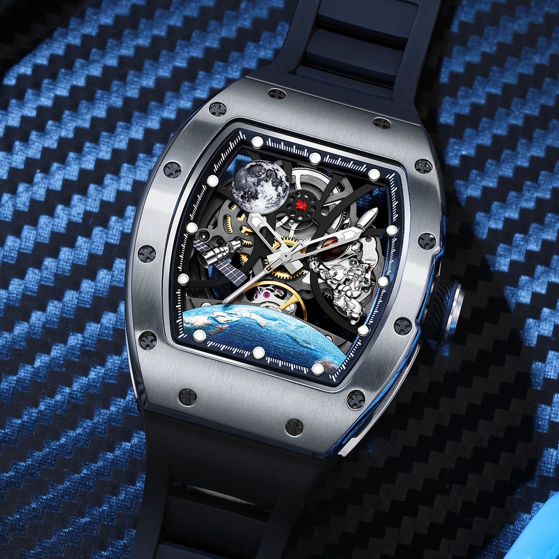 MEGIR 9190-14 space skeleton automatic watch, silver case and moon-and-astronaut dial, beauty shot