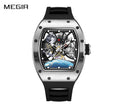 MEGIR 9190-14 men's space skeleton automatic watch, silver case, moon and astronaut dial and black strap, front