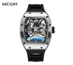 MEGIR 9190-14 men's space skeleton automatic watch, silver case, moon and astronaut dial and black strap, front
