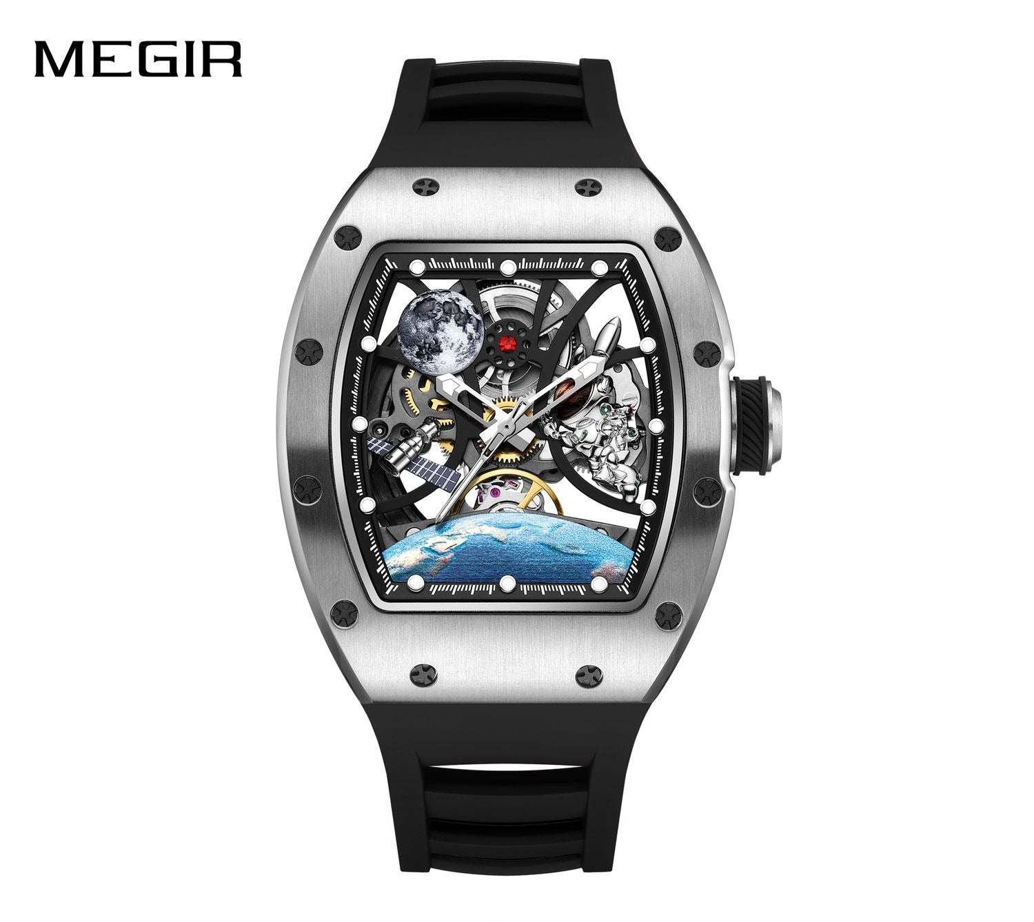 MEGIR 9190-14 men's space skeleton automatic watch, silver case, moon and astronaut dial and black strap, front