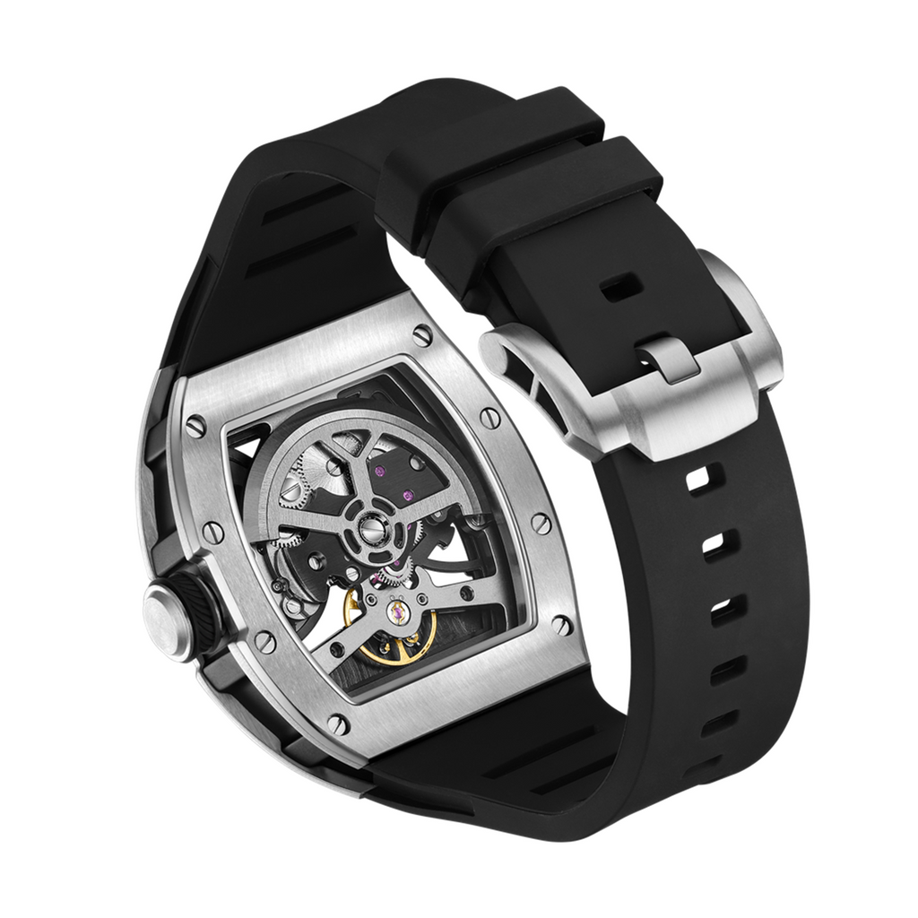 MEGIR 9190-14 space skeleton automatic watch caseback with exhibition window showing the movement
