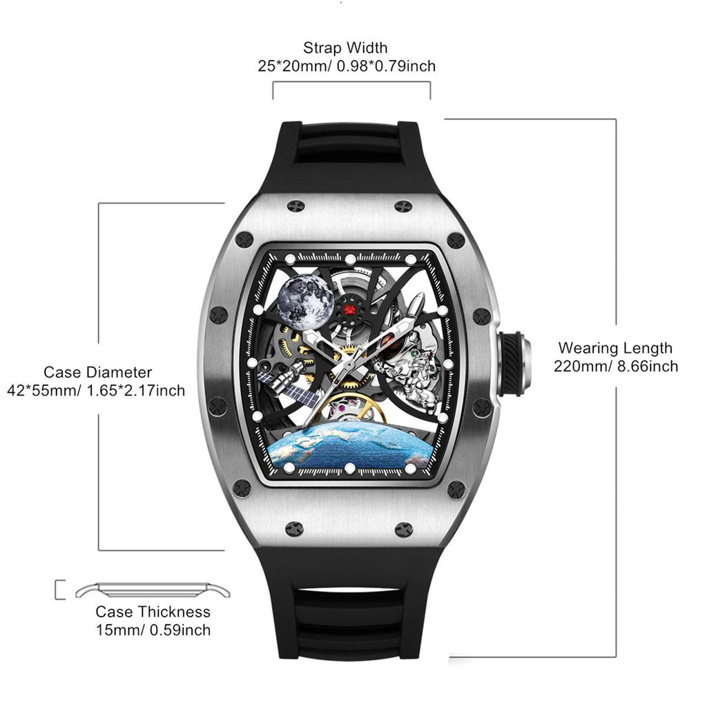 MEGIR 9190-14 space skeleton automatic watch size chart with case and strap measurements, silver model