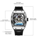 MEGIR 9190-14 space skeleton automatic watch size chart with case and strap measurements, silver model