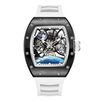 MEGIR 9190-14 space skeleton automatic watch, black case, astronaut dial and white silicone strap, front view