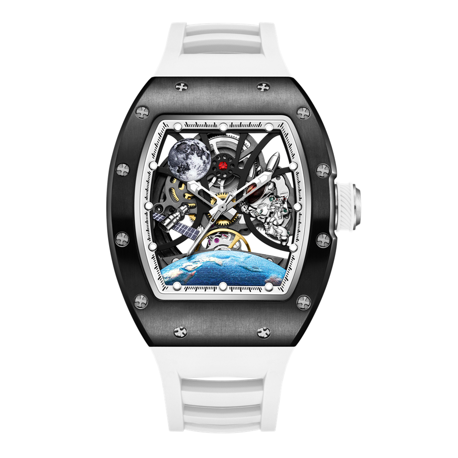 MEGIR 9190-14 space skeleton automatic watch, black case, astronaut dial and white silicone strap, front view