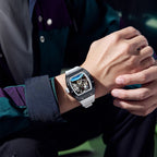 MEGIR 9190-14 space skeleton automatic watch on the wrist, black case, astronaut dial and white silicone strap