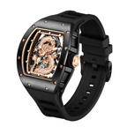 MEGIR 9190-15 dragon skeleton automatic watch, black case, rose-gold dragon dial and black strap, angled view