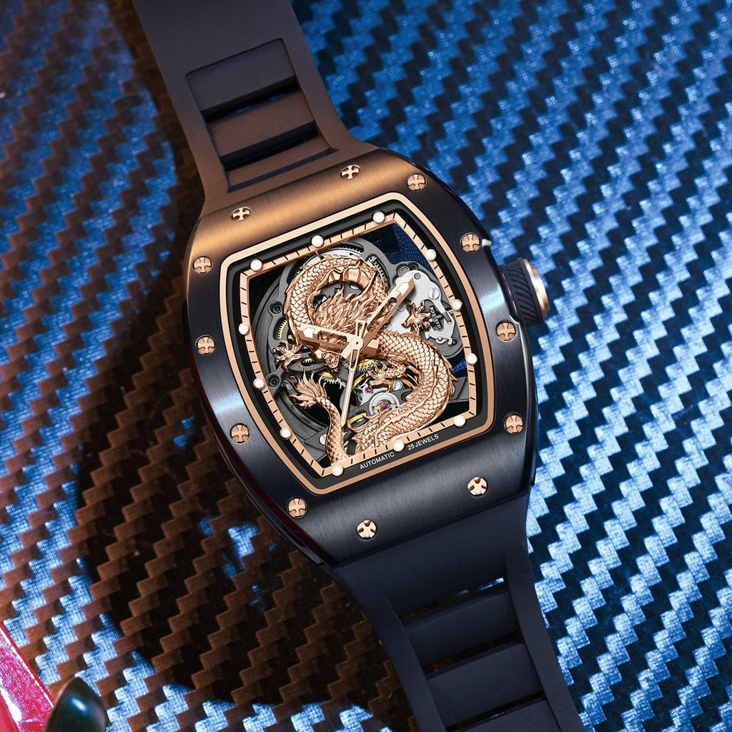 MEGIR 9190-15 dragon skeleton automatic watch, black case and rose-gold dragon dial, beauty shot