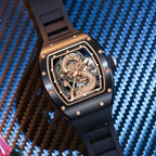 MEGIR 9190-15 dragon skeleton automatic watch, black case and rose-gold dragon dial, beauty shot