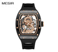 MEGIR 9190-15 men's dragon skeleton automatic watch, black case, rose-gold dragon dial and black strap, front