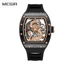 MEGIR 9190-15 men's dragon skeleton automatic watch, black case, rose-gold dragon dial and black strap, front