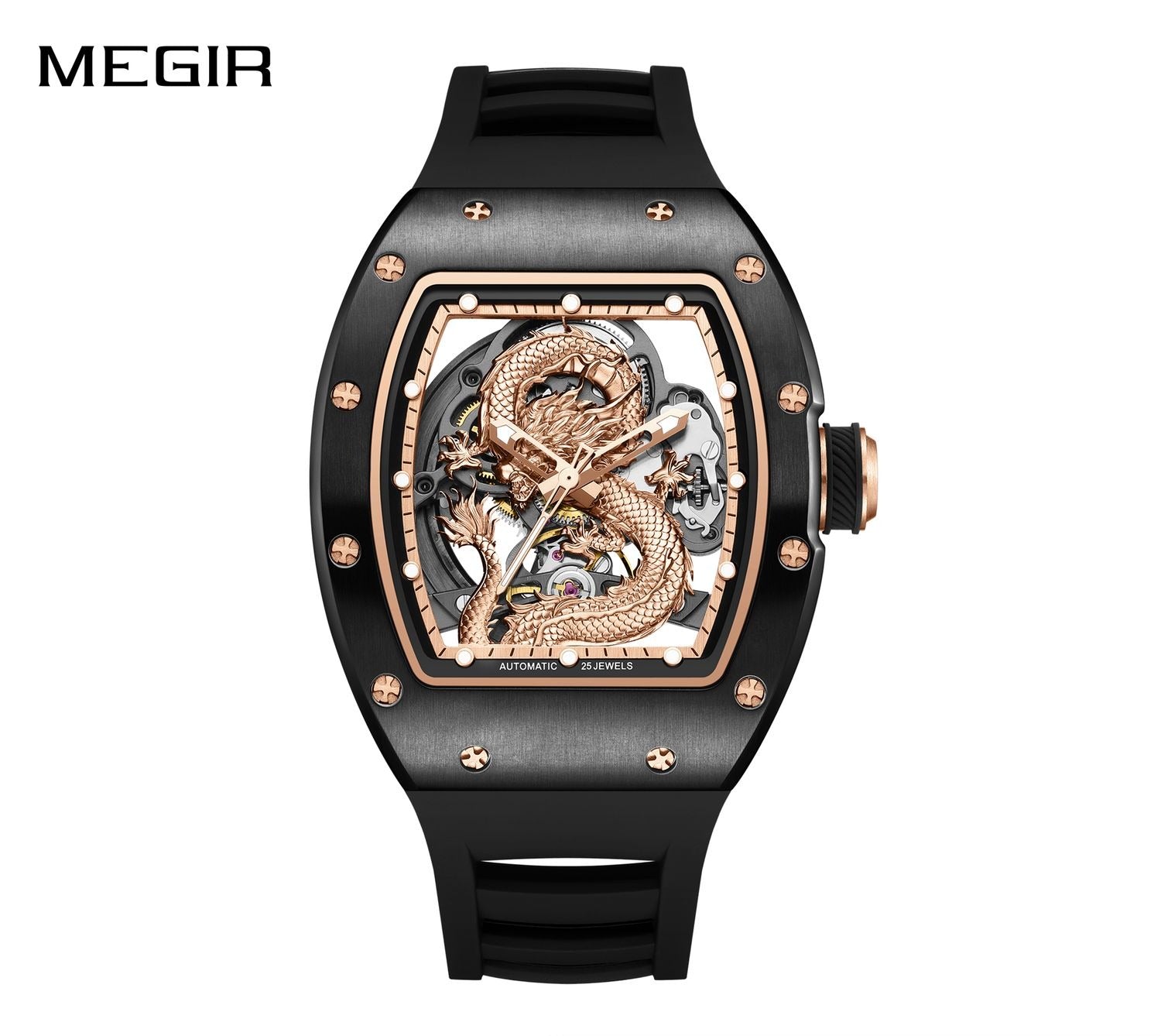 MEGIR 9190-15 men's dragon skeleton automatic watch, black case, rose-gold dragon dial and black strap, front