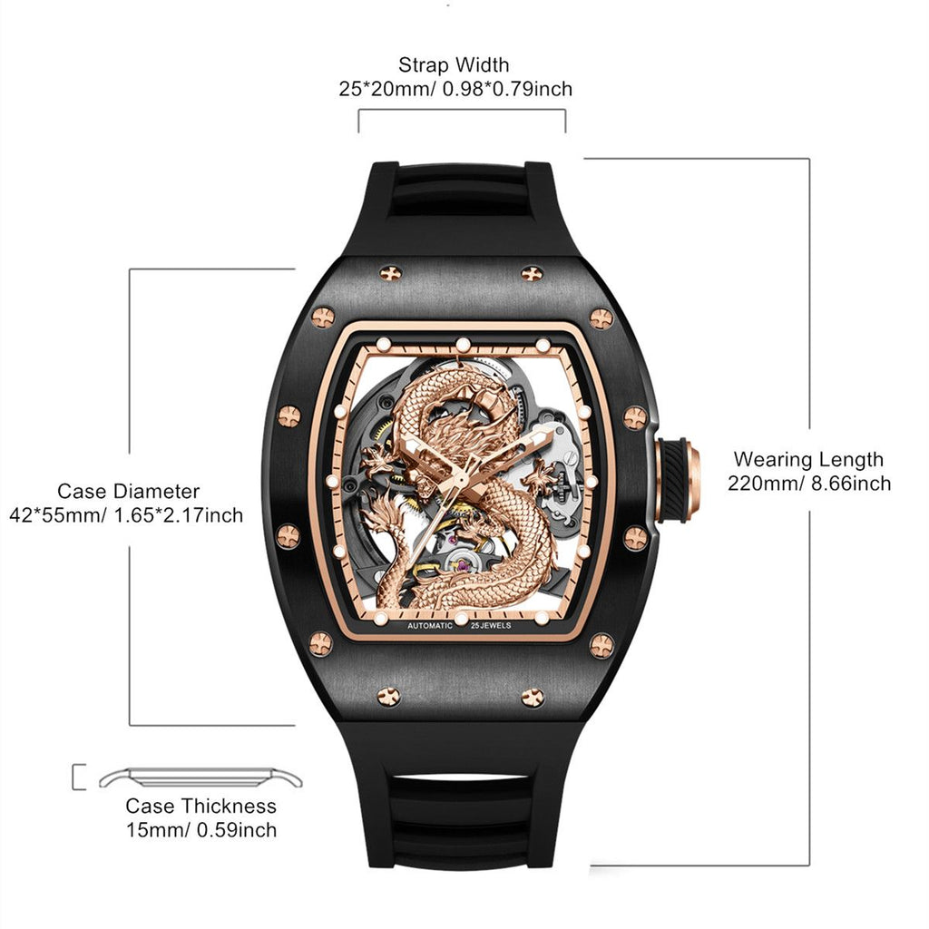 MEGIR 9190-15 dragon skeleton automatic watch size chart with case and strap measurements