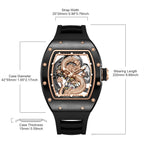 MEGIR 9190-15 dragon skeleton automatic watch size chart with case and strap measurements