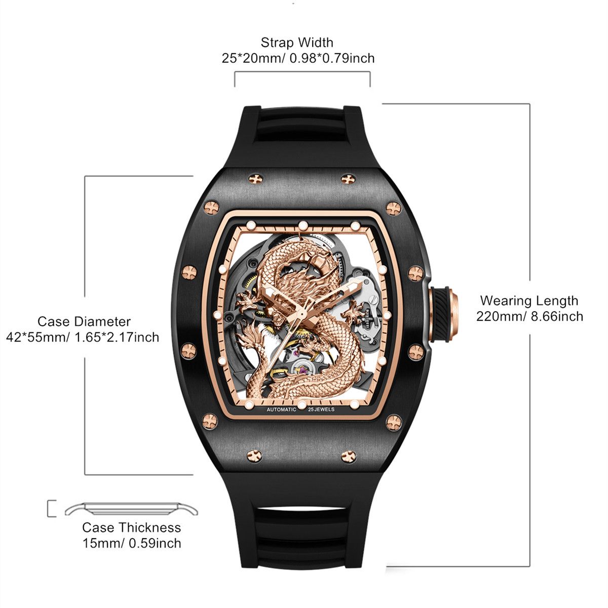 MEGIR 9190-15 dragon skeleton automatic watch size chart with case and strap measurements