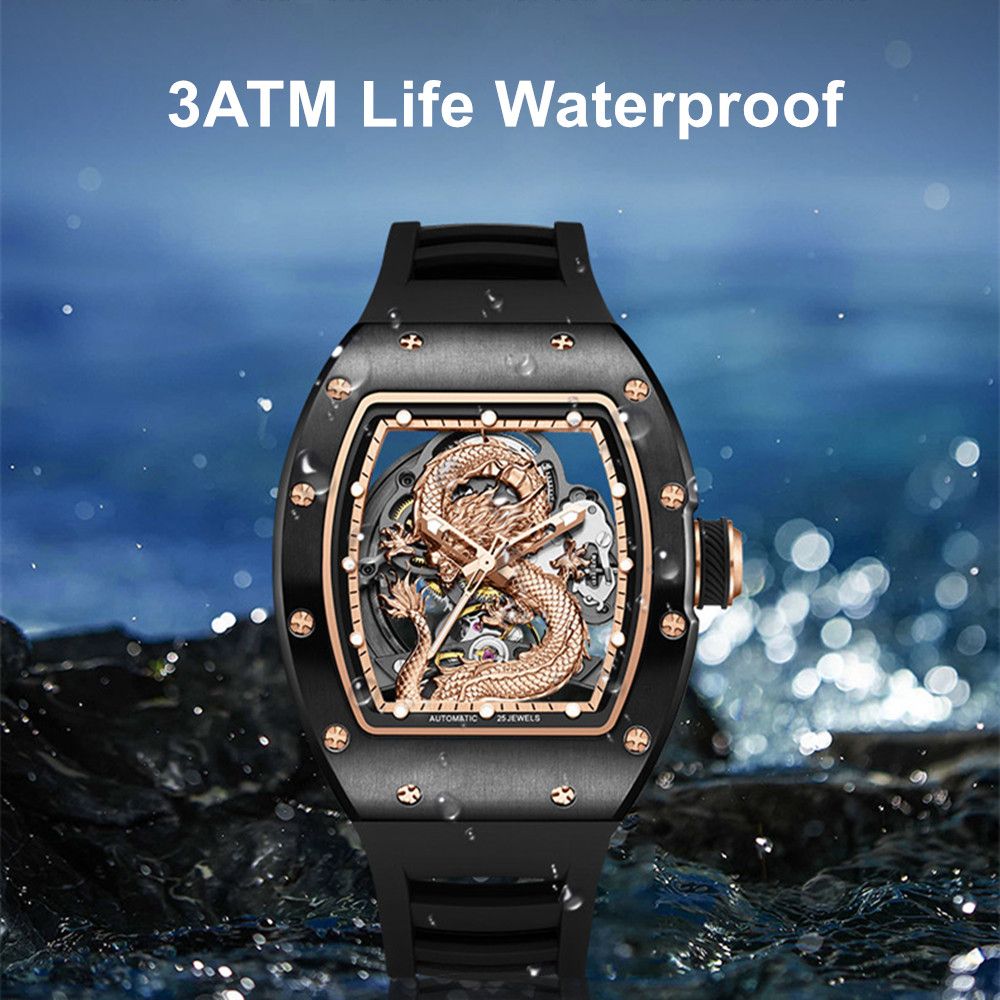 MEGIR 9190-15 dragon skeleton automatic watch, 3ATM life-waterproof feature graphic, black model