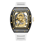 MEGIR 9190-15 dragon skeleton automatic watch, black case, gold dragon dial and white strap, front view