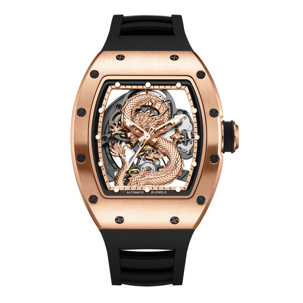 MEGIR 9190-15 dragon skeleton automatic watch, rose-gold case, rose-gold dragon dial and black strap, front view