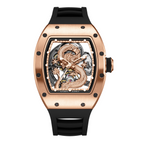MEGIR 9190-15 dragon skeleton automatic watch, rose-gold case, rose-gold dragon dial and black strap, front view