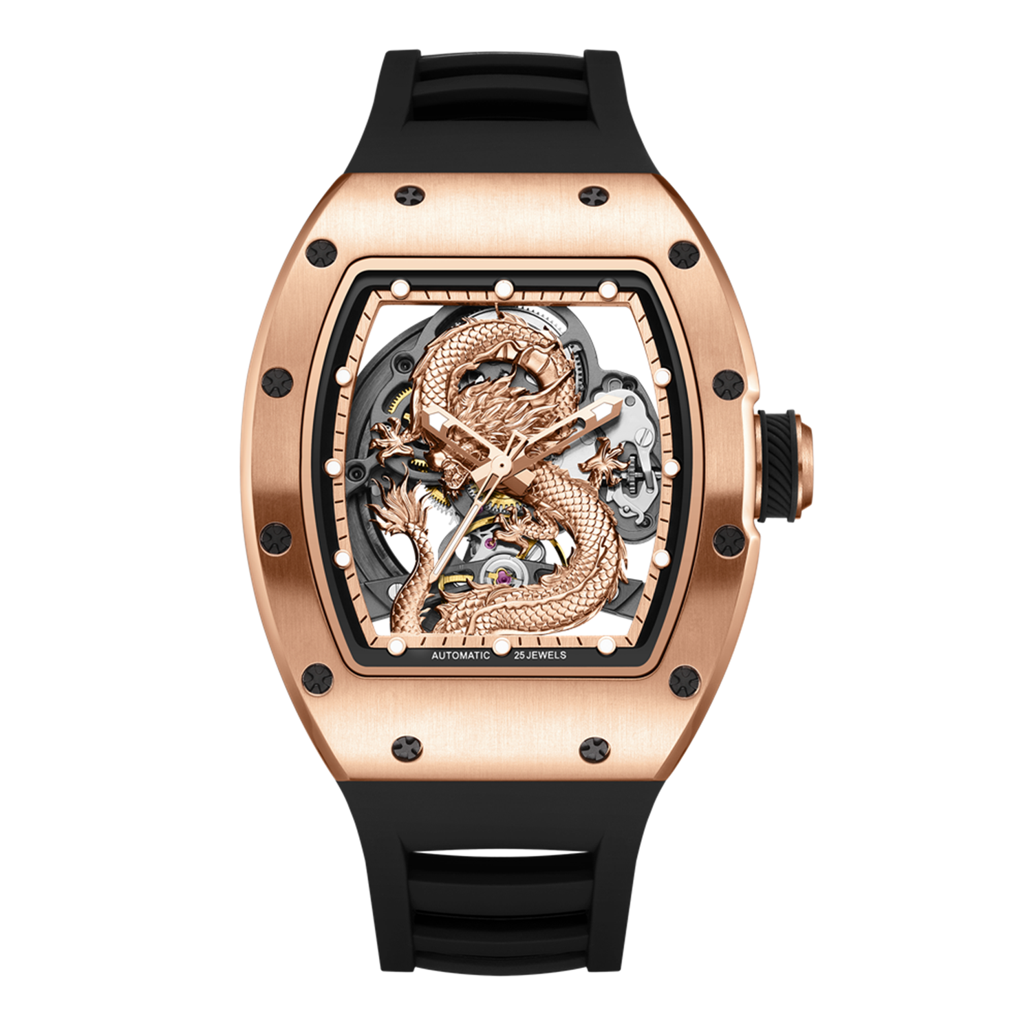 MEGIR 9190-15 dragon skeleton automatic watch, rose-gold case, rose-gold dragon dial and black strap, front view