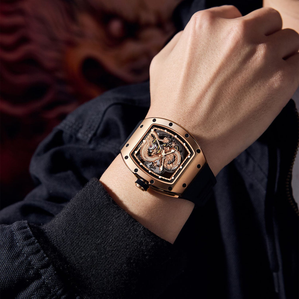 MEGIR 9190-15 dragon skeleton automatic watch on the wrist, rose-gold case and black silicone strap