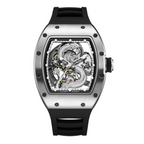 MEGIR 9190-15 dragon skeleton automatic watch, silver case, silver dragon dial and black strap, front view