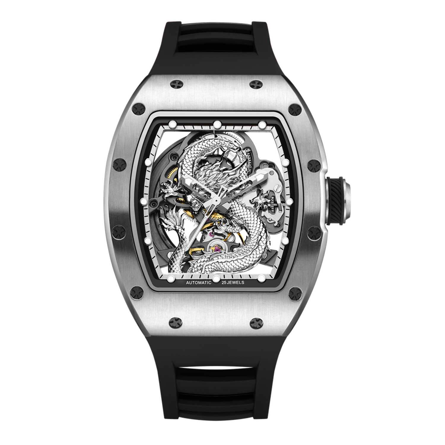 MEGIR 9190-15 dragon skeleton automatic watch, silver case, silver dragon dial and black strap, front view