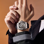 MEGIR 9190-15 dragon skeleton automatic watch on the wrist, silver case, silver dragon dial and black strap