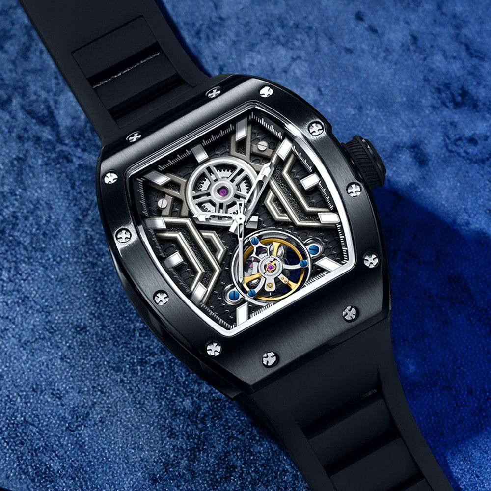 MEGIR 9190-28 skeleton automatic watch, black case and black silicone strap, beauty shot