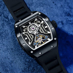 MEGIR 9190-28 skeleton automatic watch, black case and black silicone strap, beauty shot