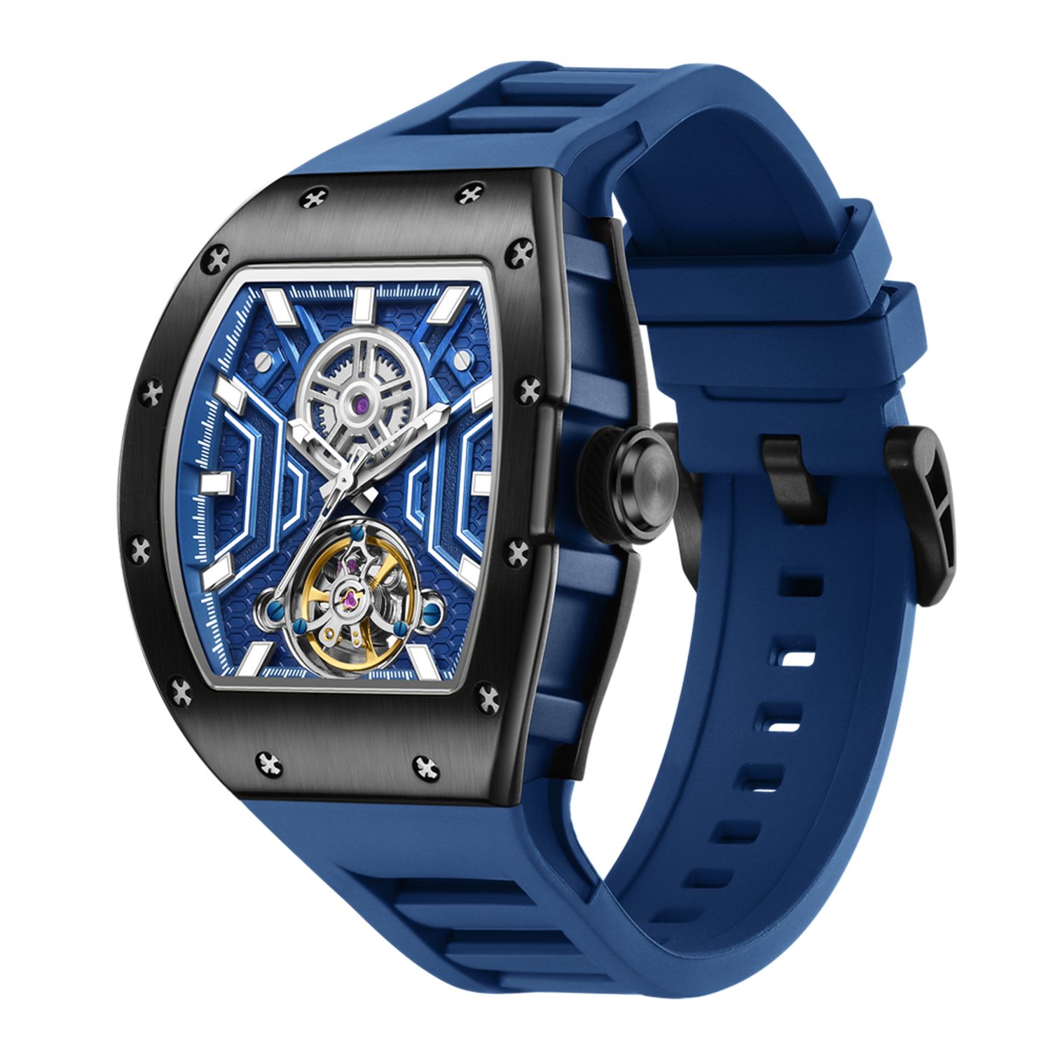 MEGIR 9190-28 skeleton automatic watch, black case, blue dial and blue silicone strap, angled view