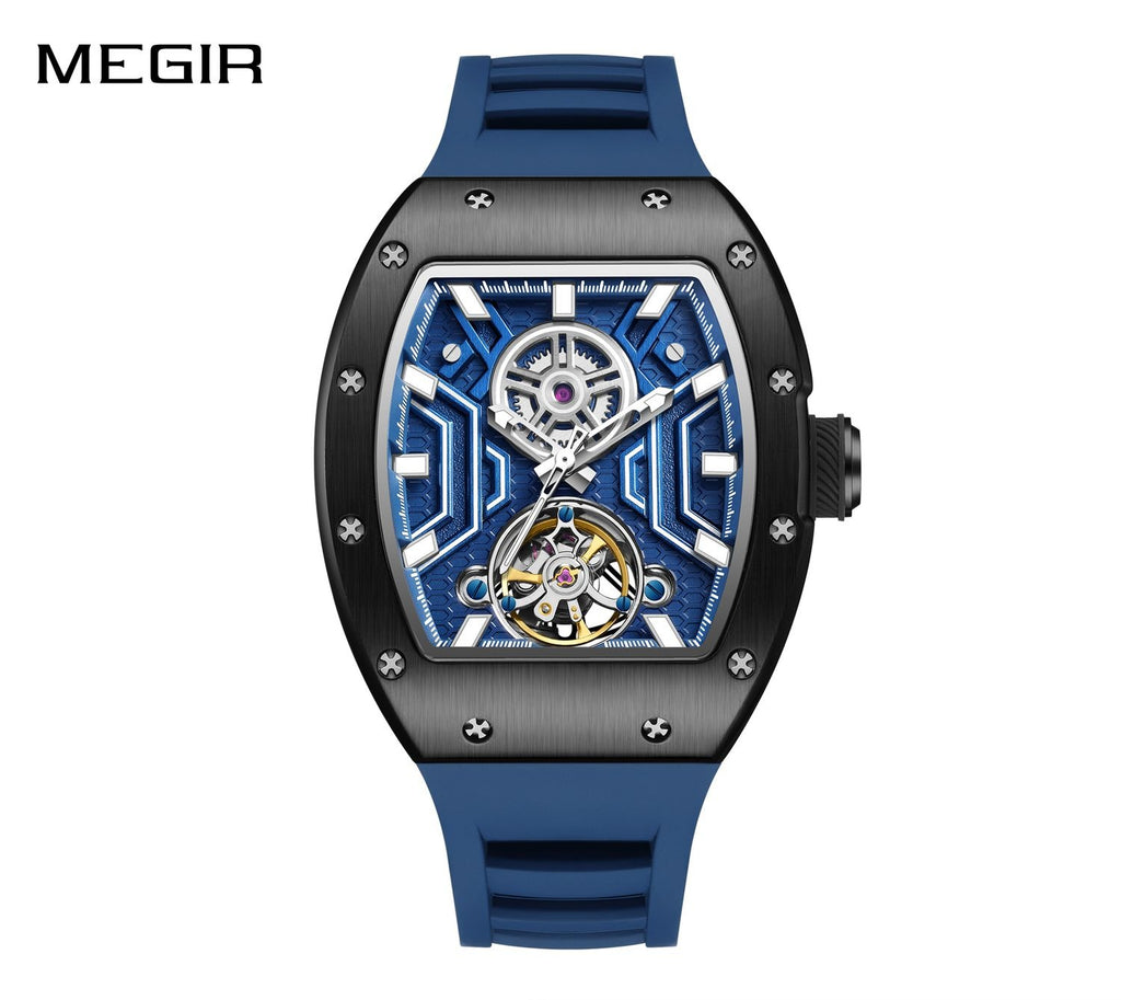 MEGIR 9190-28 men's skeleton automatic watch, black case, blue openwork dial with exposed balance wheel and blue strap, front