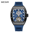 MEGIR 9190-28 men's skeleton automatic watch, black case, blue openwork dial with exposed balance wheel and blue strap, front