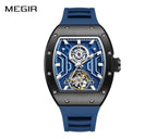 MEGIR 9190-28 men's skeleton automatic watch, black case, blue openwork dial with exposed balance wheel and blue strap, front