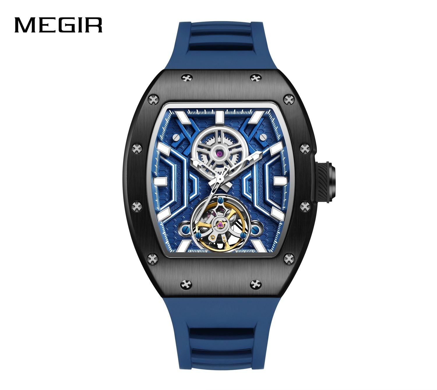 MEGIR 9190-28 men's skeleton automatic watch, black case, blue openwork dial with exposed balance wheel and blue strap, front