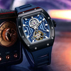 MEGIR 9190-28 skeleton automatic watch, black case, blue dial and blue strap, beauty shot