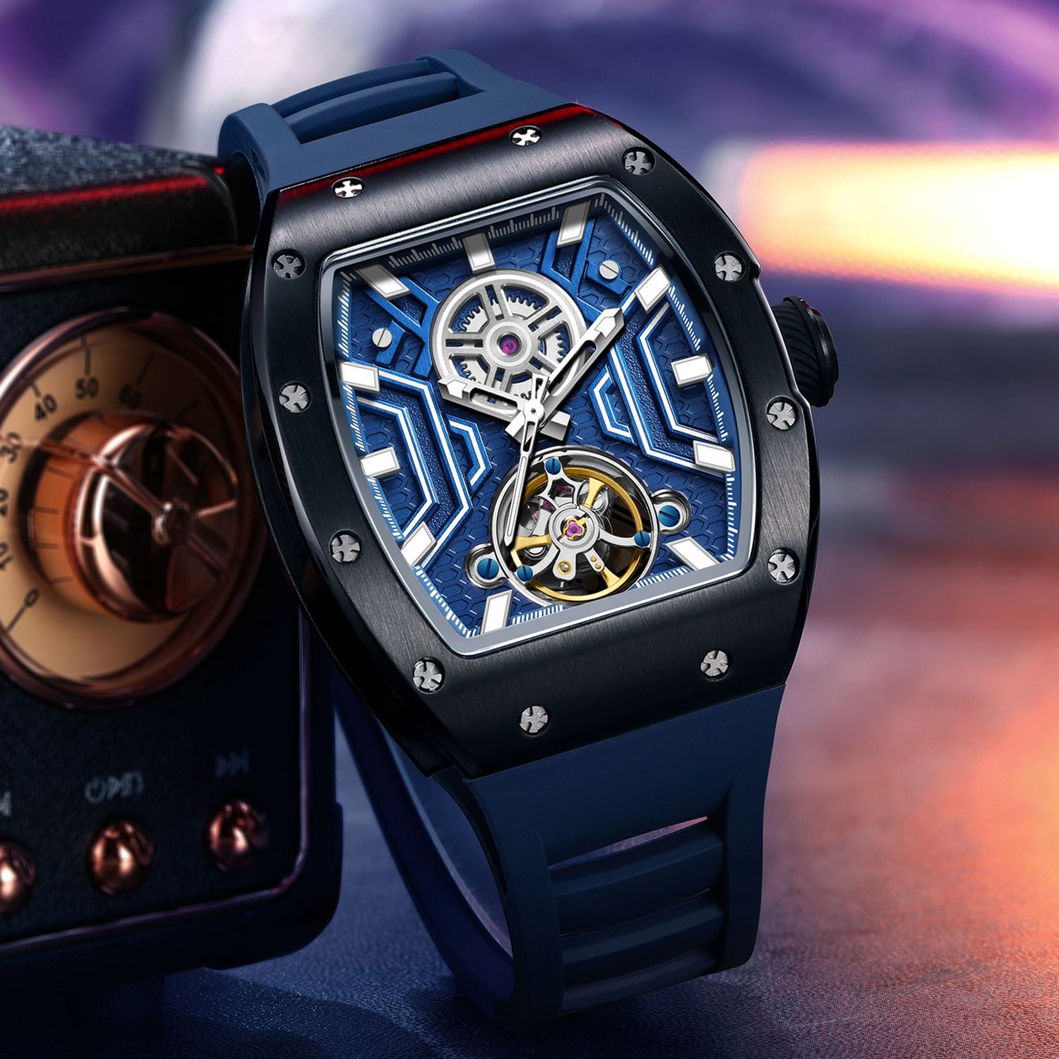 MEGIR 9190-28 skeleton automatic watch, black case, blue dial and blue strap, beauty shot