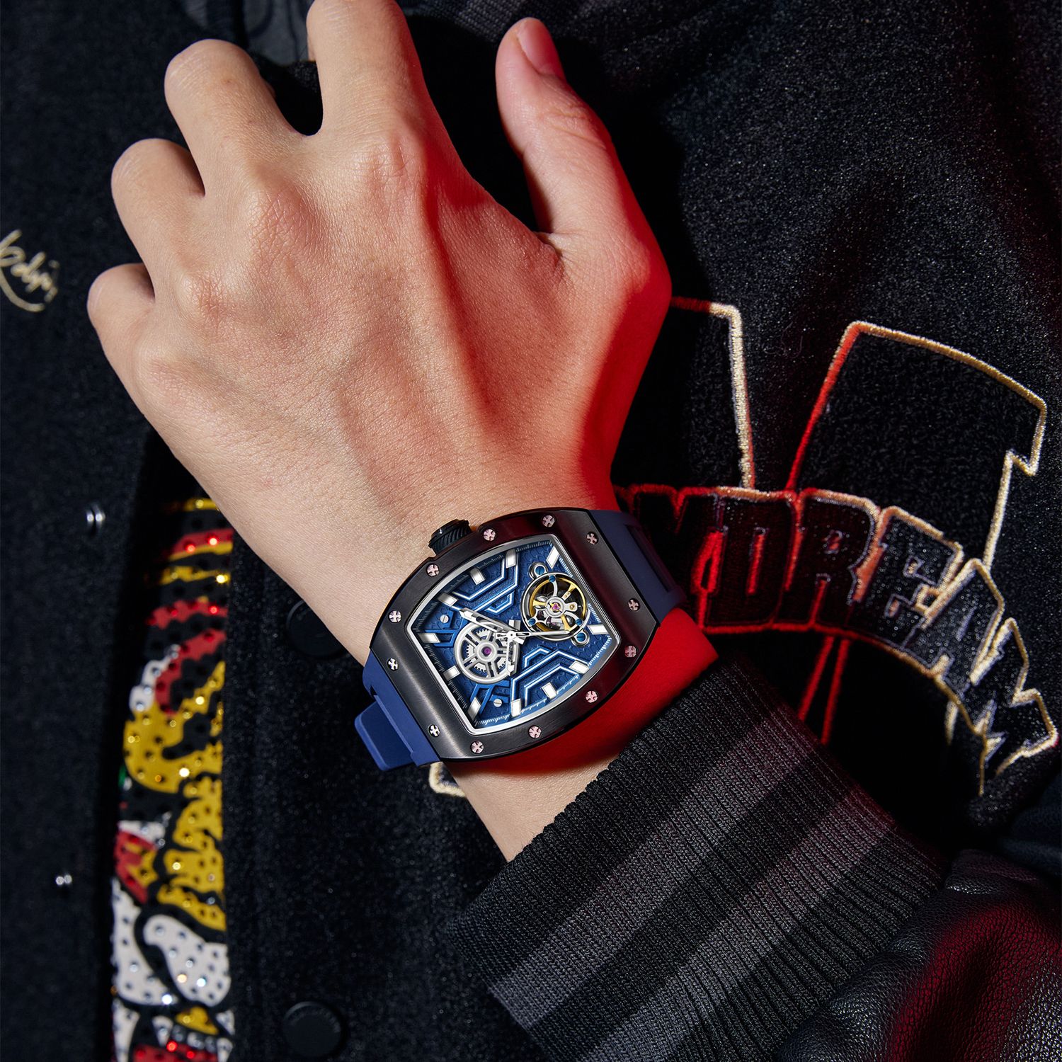 MEGIR 9190-28 skeleton automatic watch on the wrist, black case, blue dial and blue silicone strap