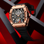 MEGIR 9190-28 skeleton automatic watch, rose-gold case and black silicone strap, beauty shot