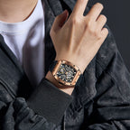 MEGIR 9190-28 skeleton automatic watch on the wrist, rose-gold case and black silicone strap