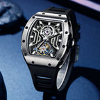 MEGIR 9190-28 skeleton automatic watch, silver case and black silicone strap, beauty shot
