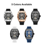 MEGIR 9190-28 skeleton automatic watch shown in five case and strap colour options