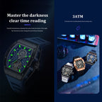 MEGIR 9190-28 skeleton automatic watch, luminous dial and 3ATM splash-resistance feature graphics