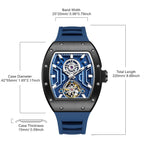 MEGIR 9190-28 skeleton automatic watch size chart with case and strap measurements, blue model