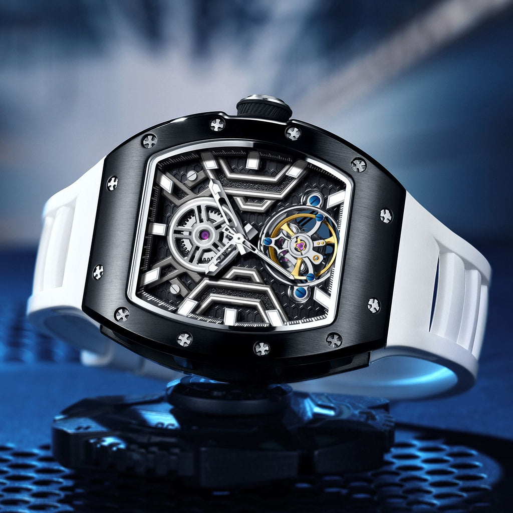 MEGIR 9190-28 skeleton automatic watch, black case and white silicone strap, beauty shot