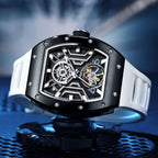 MEGIR 9190-28 skeleton automatic watch, black case and white silicone strap, beauty shot