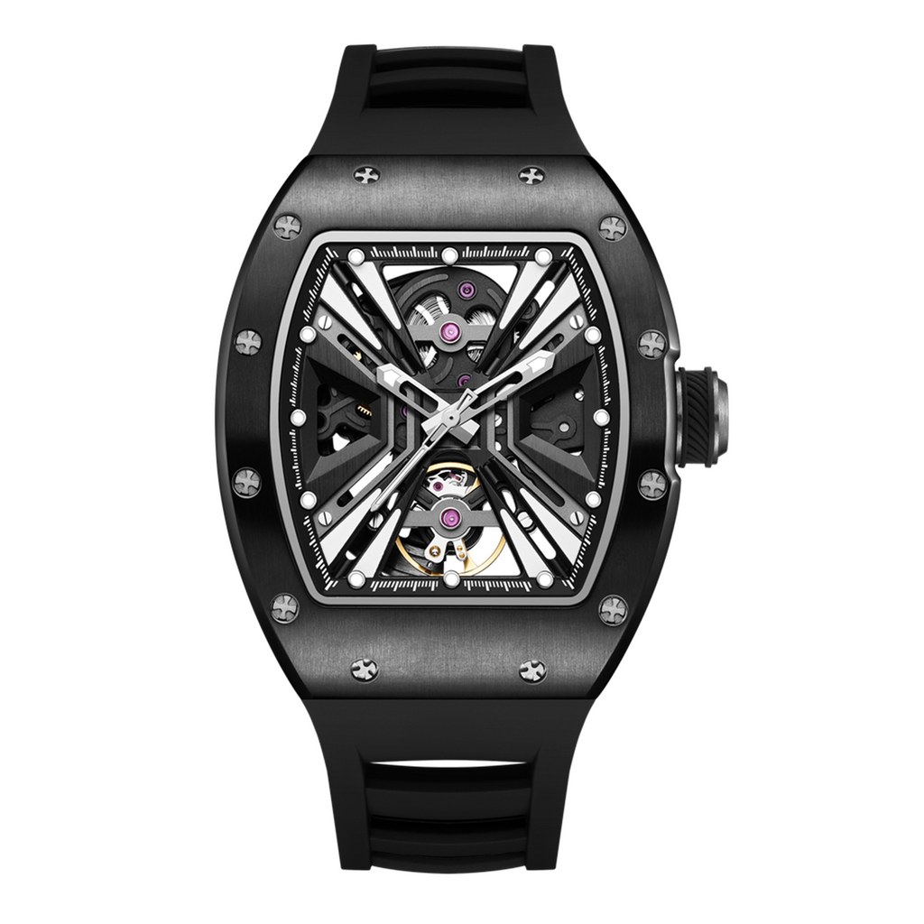 MEGIR 9190-4 skeleton automatic watch, black case and black silicone strap, front view
