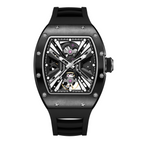 MEGIR 9190-4 skeleton automatic watch, black case and black silicone strap, front view